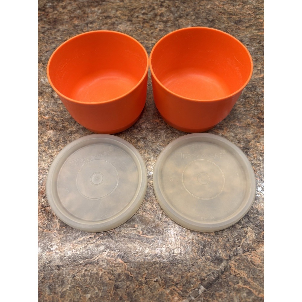2 Vintage Tupperware Orange Round Snack Cups with Lids #1229
